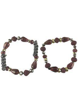 Simply Vera by Vera Wang Pair Purple Bead Elastic Bracelets Dark Silver Tone